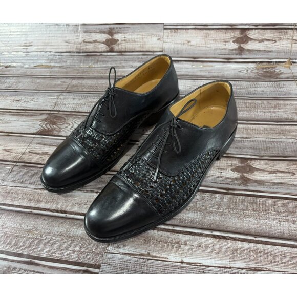 Bally Seleno Woven Leather Cap Toe Oxford Dress sz 8.5 E Black made Switzerland - Picture 1 of 6